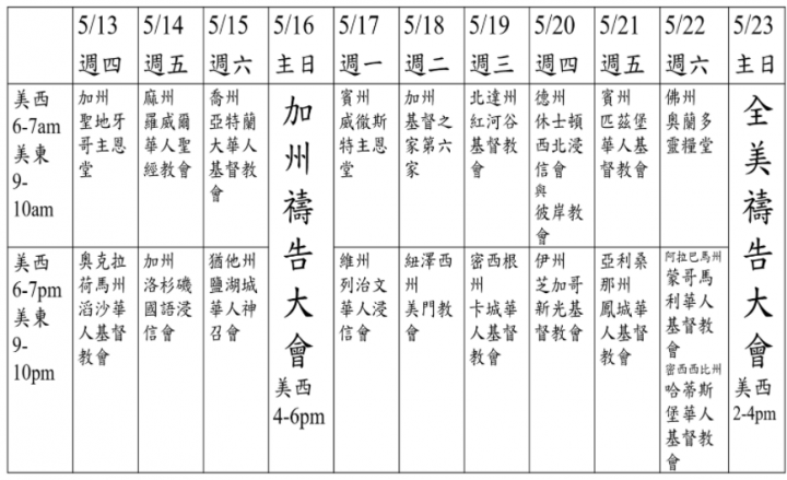 十天連鎖禱告會日程表。（圖：華人策略聯盟網頁） 