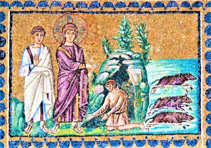 耶穌在格拉森趕污鬼壁畫，鑲嵌在意大利Basilica of Sant'Apollinare Nuovo教堂。（圖：維基百科） 