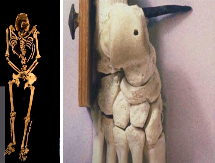劍橋郡發現被釘十字架的男子骸骨；以色列古物部發現一塊腳跟骨被鐵釘穿過。 （圖：NewsRme視頻擷圖） 

 