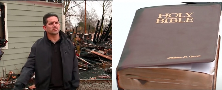 普萊斯論述房屋被燒毀，右圖為完整無缺的聖經。（圖：FOX59 News） 