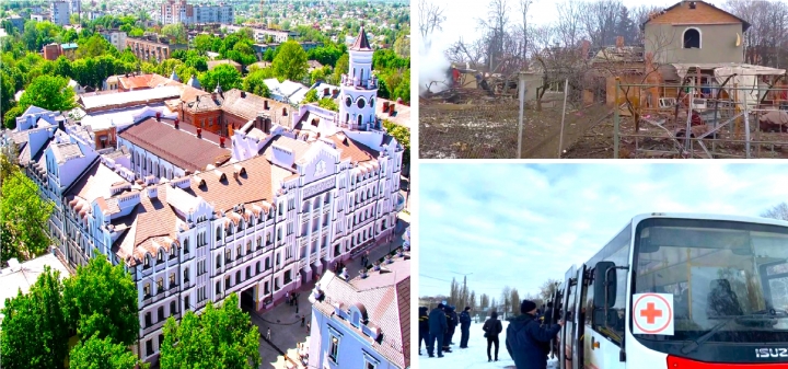 烏克蘭城市蘇梅［左］；戰事後房屋被毀、約5,000居民經人道走廊撤離［右］。（圖：維基百科） 