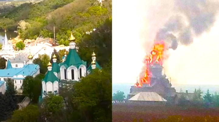 16世紀東正教修道院原貌、教堂被炮火擊中後火焰沖天。（圖：諸聖修道院YouTube／澤連斯基 twitter）